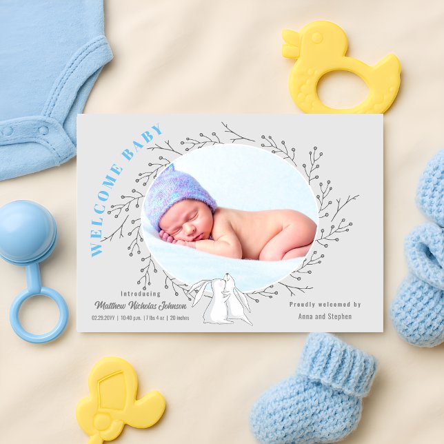 Blue Grey Bunny Baby Boy Birth Announcement (Adorable woodland animals welcome baby boy birth announcement front view)