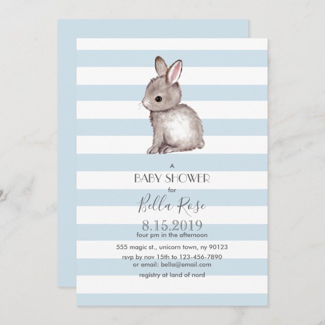 Blue grey bunny baby shower invitations (Front/Back)