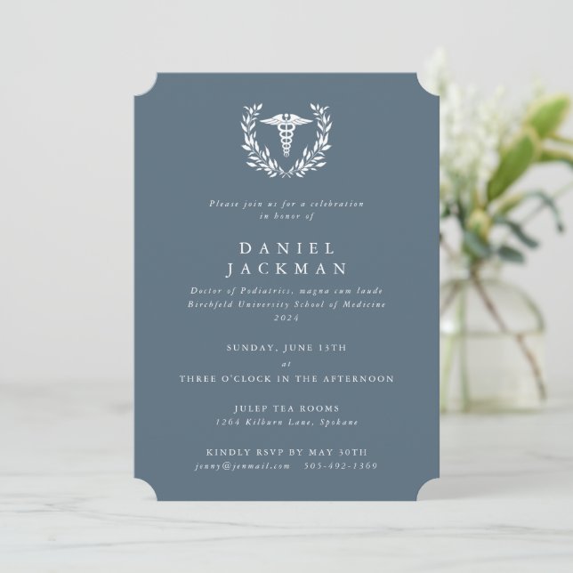 Blue-Grey Caduceus Medical School Graduation Invitation (Standing Front)
