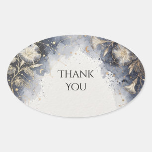 Blue Grey Celestial Floral Wedding Oval Sticker