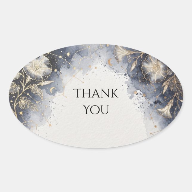 Blue Grey Celestial Floral Wedding Oval Sticker (Front)