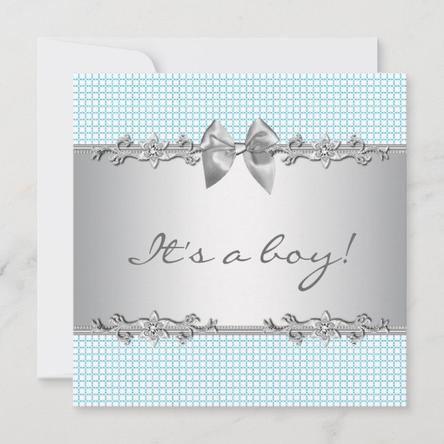 Blue Grey Checks Boy Shower Invitation (Front)