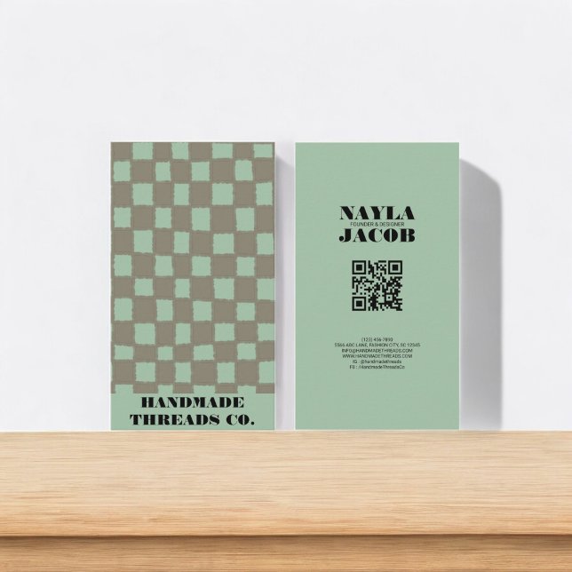 Blue Grey Chequerboard Pattern QR Code Handmade Business Card (Creator Uploaded)