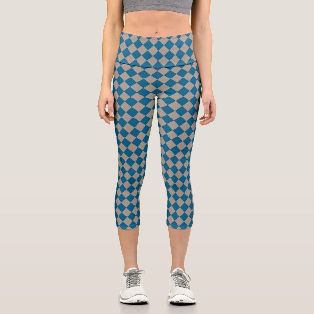 Blue Grey Chequered Diamond Pattern Capri Leggings (Front)