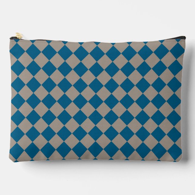 Blue Grey Chequered Diamond Pattern Large Accessory Pouch (Front)