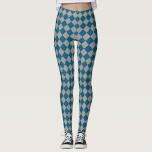 Blue Grey Chequered Diamond Pattern Leggings