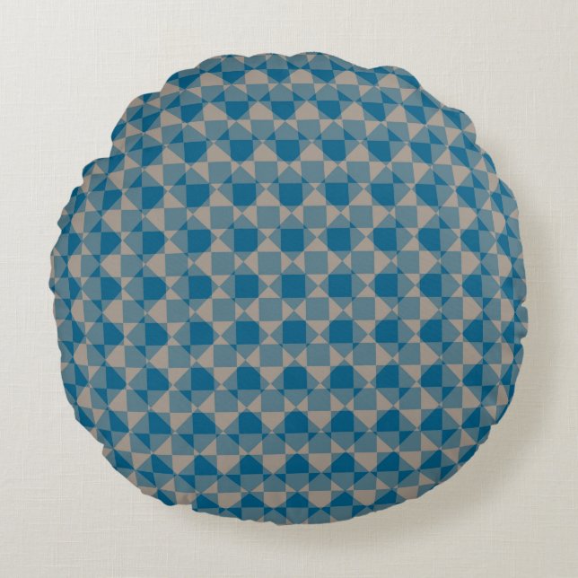 Blue Grey Chequered Diamond Plaid Pattern Round Cushion (Front)