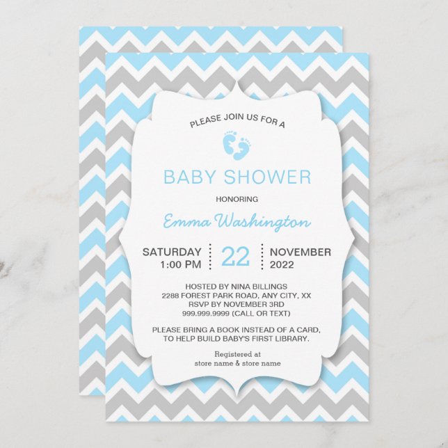 Blue Grey Chevron Baby Shower invitation (Front/Back)