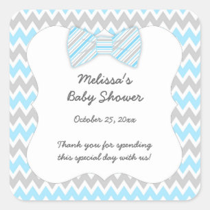 Blue Grey Chevron bow tie boy baby shower favour Square Sticker