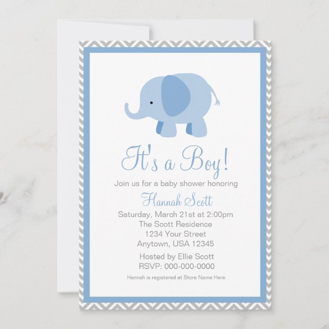 Blue Grey Chevron Elephant Boy Baby Shower Invite (Front)