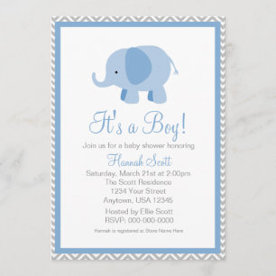 Blue Grey Chevron Elephant Boy Baby Shower Invite
