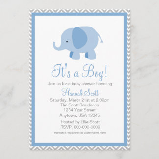 Blue Grey Chevron Elephant Boy Baby Shower Invite