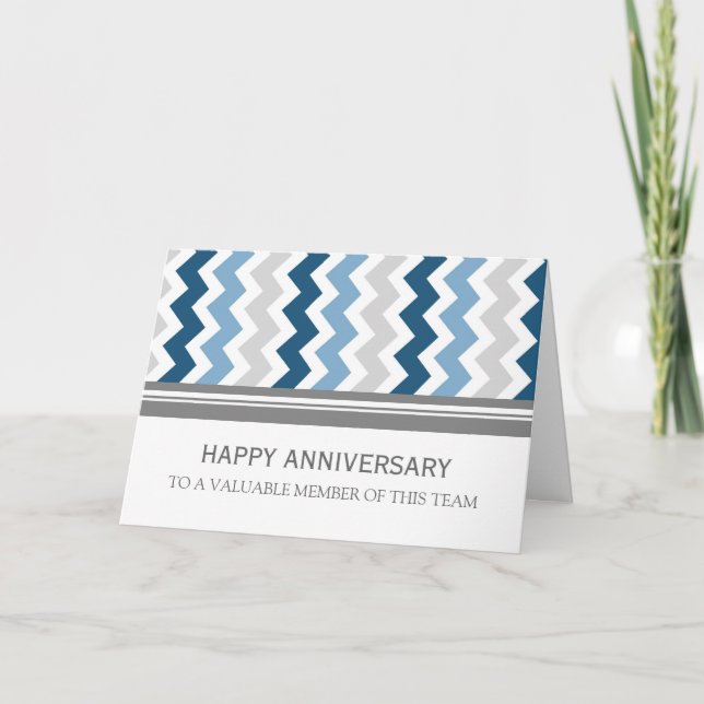 Blue Grey Chevron Employee Anniversary Card (Front)