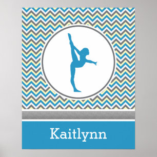 Blue / Grey Chevron Stripes Gymnastics w/ Monogram Poster