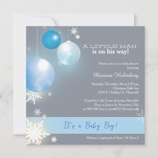 Blue & Grey Christmas Baby Boy Shower Invitation (Front)