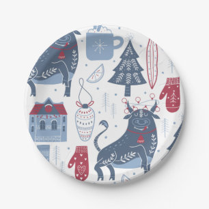 Blue Grey Christmas Elements Pattern  Paper Plate