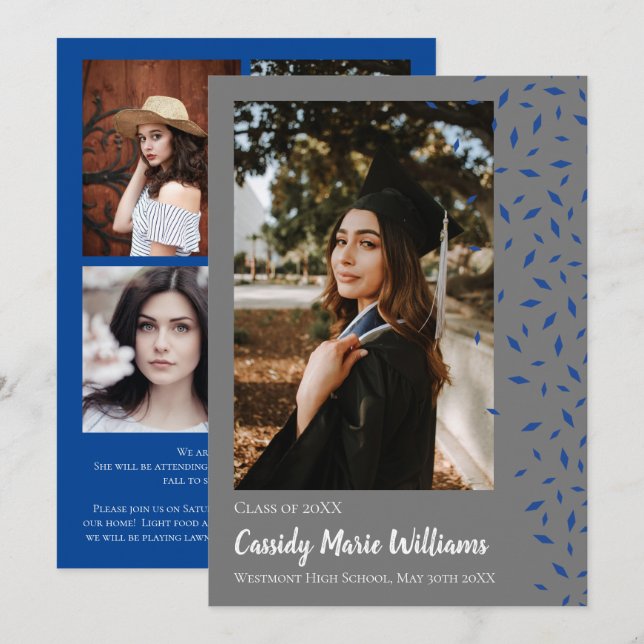 Blue Grey Confetti Graduation Announcement (Front/Back)