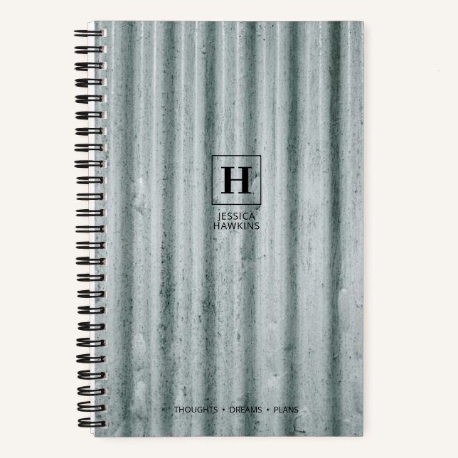 Blue Grey Corrugated Steel Classic Monogram Notebook (Front)