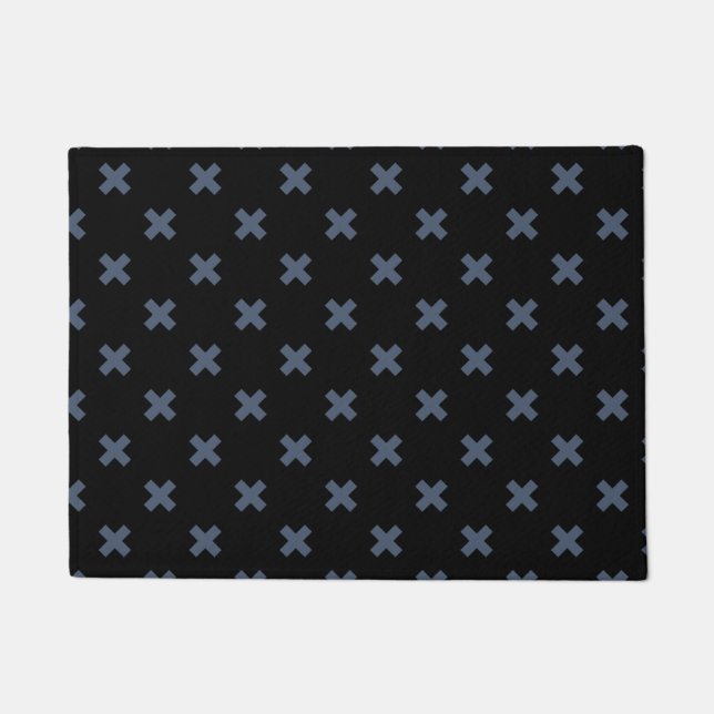 Blue-grey cross stitches on black doormat (Front)