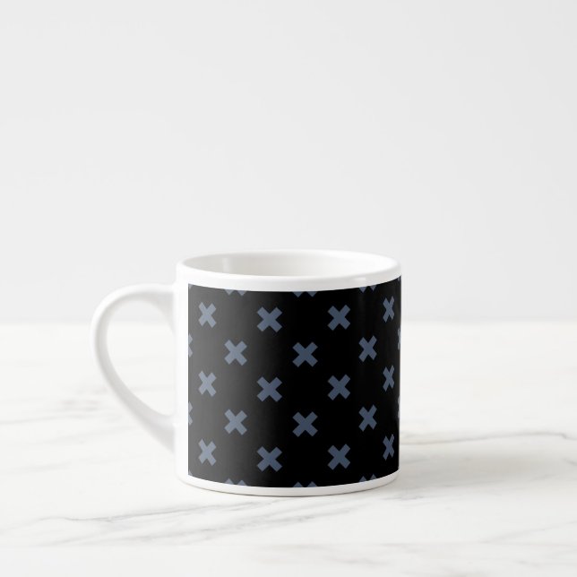 Blue-grey cross stitches on black espresso cup (Left)