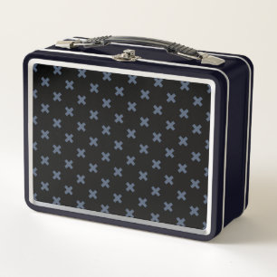 Blue-grey cross stitches on black metal lunch box