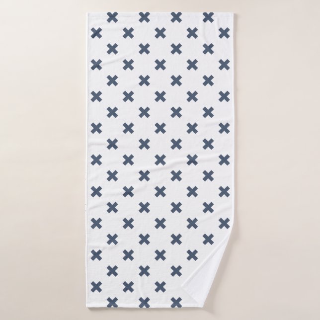 Blue-grey cross stitches on white bath towel (Bath Towel)