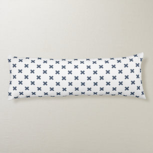 Blue-grey cross stitches on white body cushion