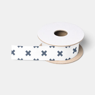 Blue-grey cross stitches on white satin ribbon