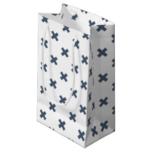 Blue-grey cross stitches on white small gift bag
