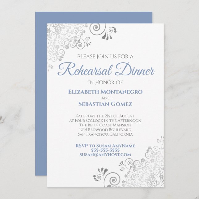 Blue & Grey Curls Wedding Rehearsal Dinner Invitation (Front/Back)