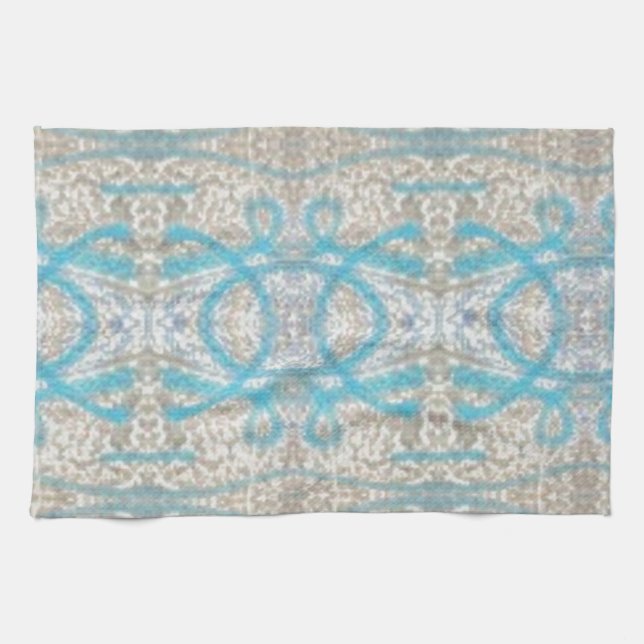 Blue Grey Curly Decorative Graffiti Wall Pattern Tea Towel (Horizontal)