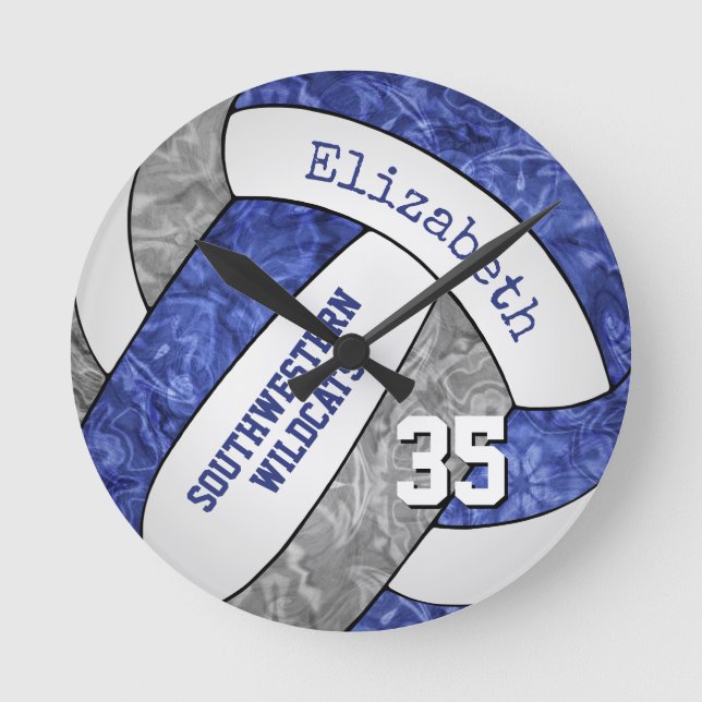 blue grey custom girly sports volleyball room round clock (Front)