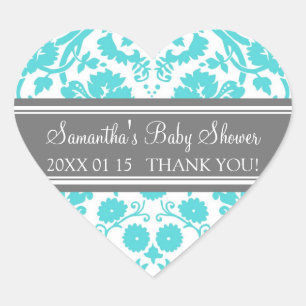 Blue Grey Damask Baby Shower Favour Stickers