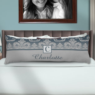 Blue Grey Damask Monogram Personalised Name Body Cushion