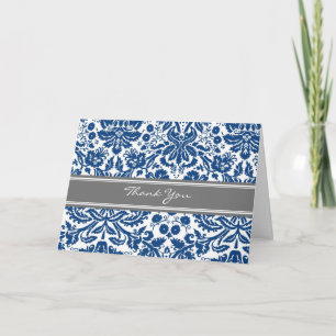 Blue Grey Damask Wedding Thank You Card