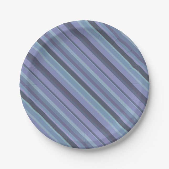 Blue-grey diagonal stripes paper plate (Front)