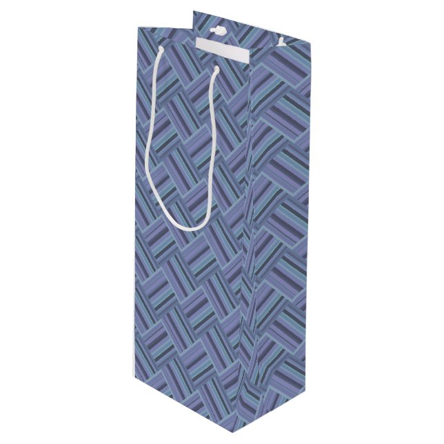 Blue-grey diagonal stripes weave pattern wine gift bag (Front Angled)