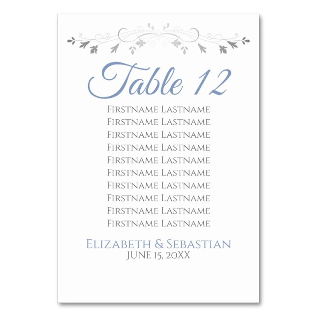 Blue & Grey Elegant Flourish Wedding Seating Chart Table Number (Back)