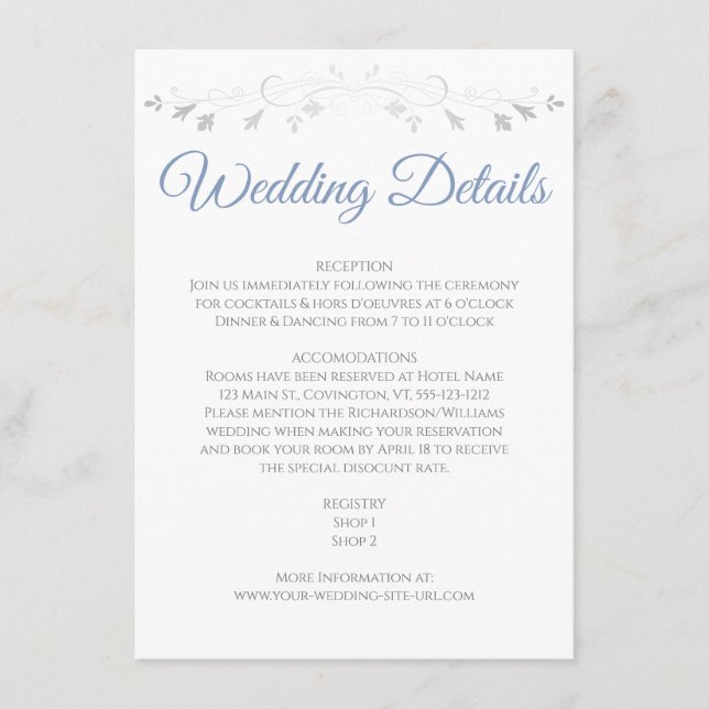 Blue Grey Elegant Wedding Details Enclosure Card (Front)
