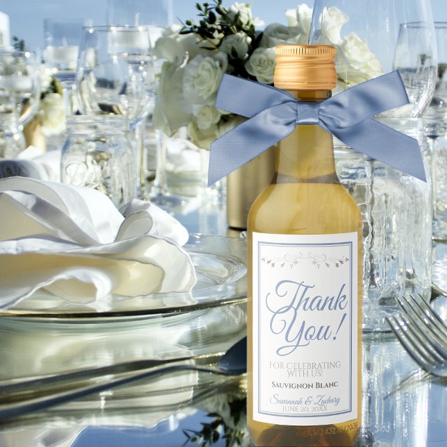 Blue & Grey Elegant Wedding Thank You Mini Wine Label (Creator Uploaded)