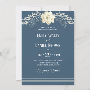 Blue Grey Elegant White Camellia Wedding Invitation