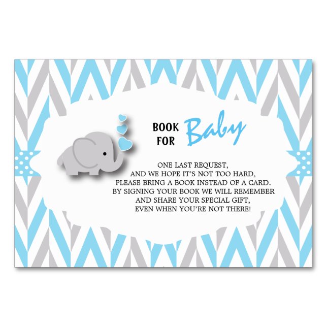 Blue & Grey Elephant Baby Shower | Bring a Book Table Number (Front)