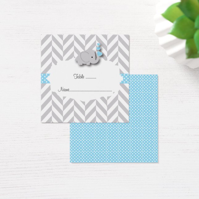 Blue & Grey Elephant Baby Shower Flat Place Card (Desk)
