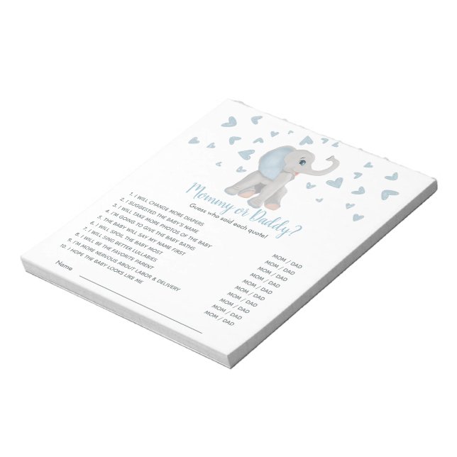 Blue Grey Elephant Baby Shower Game Guess Who Notepad (Rotated)