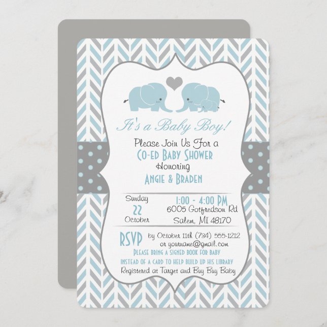 Blue Grey Elephant Baby Shower Invitation (Front/Back)