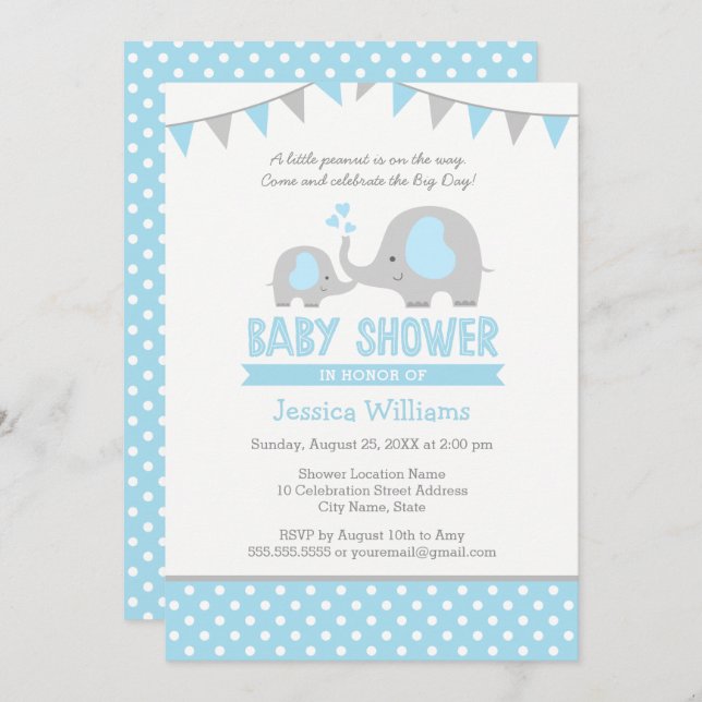 Blue Grey Elephant Baby Shower Invitations for Boy (Front/Back)