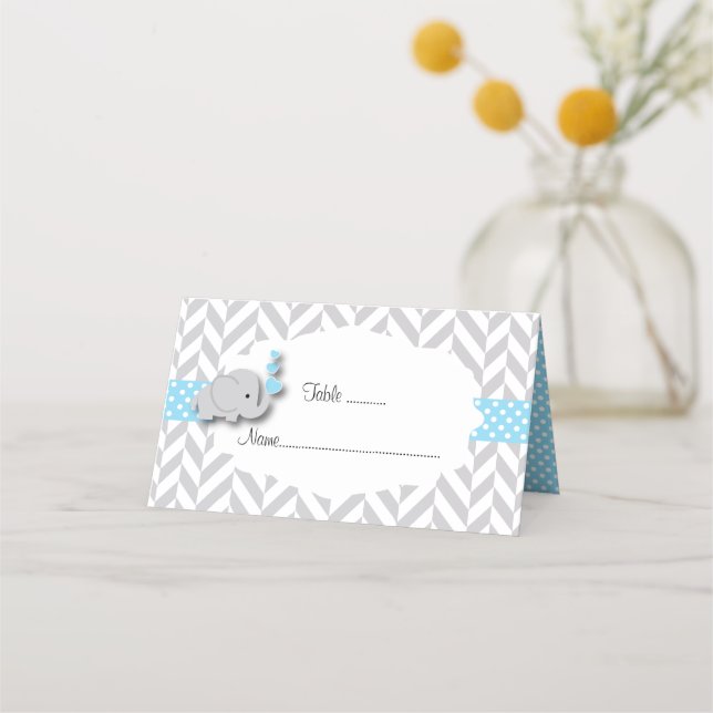 Blue & Grey Elephant Baby Shower Place Card (Front)