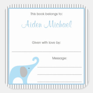 Blue & Grey Elephant Pinstripe Book Plate Square Sticker