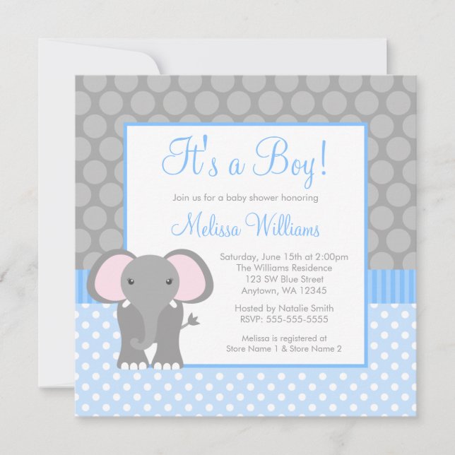 Blue Grey Elephant Polka Dot Boy Baby Shower Invitation (Front)