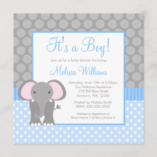 Blue Grey Elephant Polka Dot Boy Baby Shower Invitation